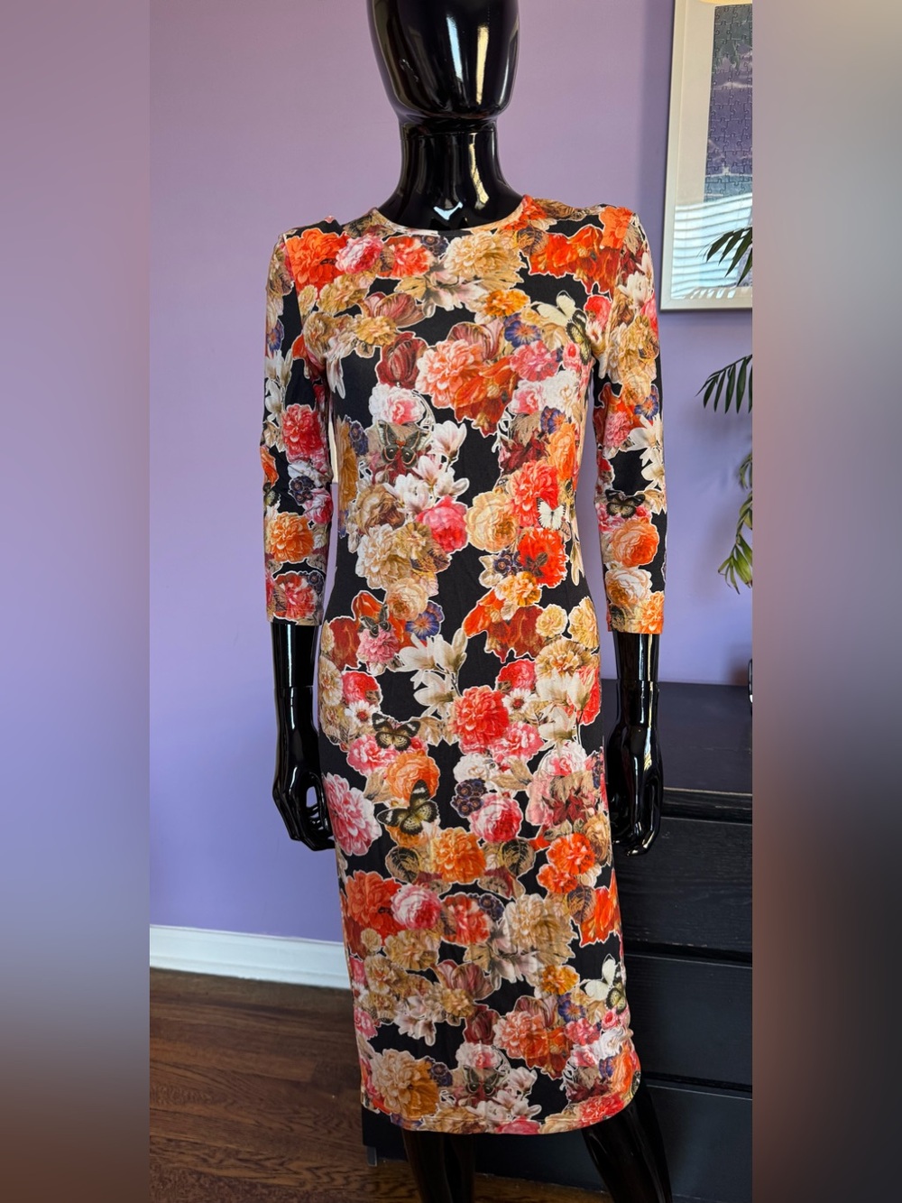 Givenchy Black Floral Midi Dress with Orange and Pink Blooms
